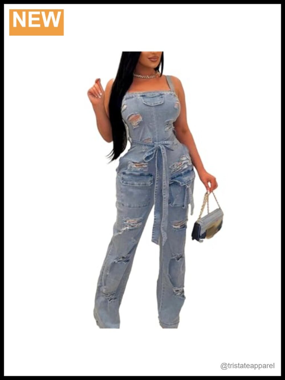 Denim Jumpsuit Halter Wide Leg Ripped Jean Jumpsuit with Belt Casual Romper